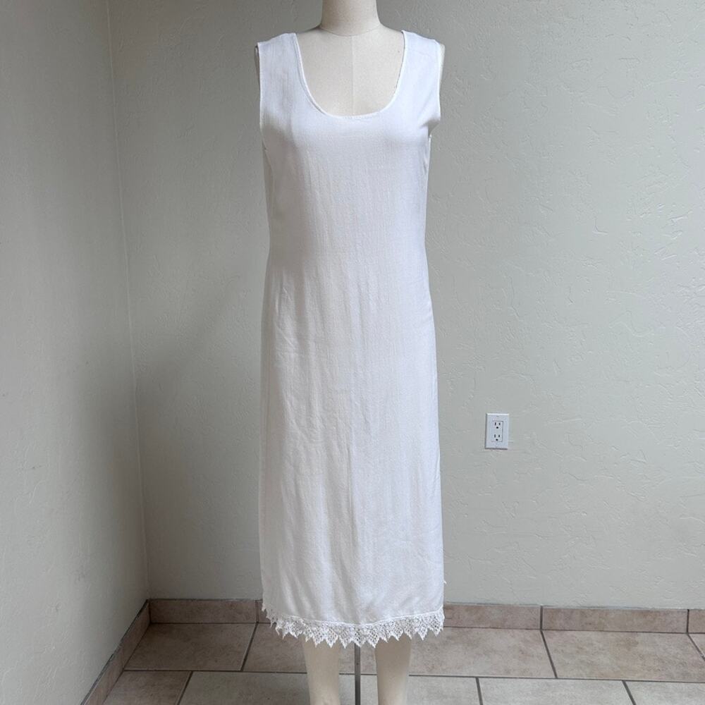Vintage White Crochet Lace Hem Cotton Blend Romantic Bridal Slip‎ Dress S/M